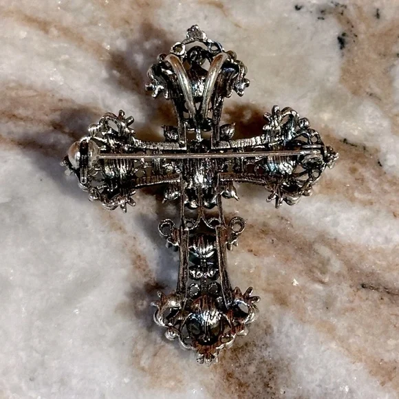 Rhinestone AB Crystals Victorian Baroque Cross Pendant Brooch Silver Finish - Picture 3 of 7